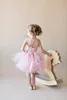 Blush Pink Hand Made Flowers Flower Girl Dress Short Lace Appliqued Girl Formal Wedding Dresses Cute Princess Birthday Party Gown