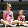 Anne ve Me T-shirt Amerikan Bayrağı Çizgili Kolsuz Anne-Kızı T-shirt Amerikan Bayrağı Anne ve Kız Tees