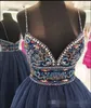 Beaded Navy Blue Prom Dresses Spaghetti Straps A Line Tulle aftonklänning Custom Made Backless Golvlängd formell slitage 403