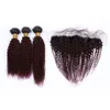 Burgundy Ombre Kinky Curly Human Hair Weave Bundlar med frontlåsning # 1B / 99J Vinröd Ombre Indiska Hair Weft med Lace Frontal 13x4