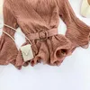 Gagaok 여성 사무실 레이디시 폰 블라우스 봄 가을 새로운 솔리드 V 넥 플레어 슬리브 Sashs 슬림 세련 된 야생 여성 패션 셔츠