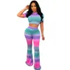 Femmes Tie Dye Sports Costume contraste arc-en-ciel rayé t-shirt pantalon survêtement 2 pièces ensemble court crop tops longueur pantalon tenues LJJA2892