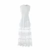Linia elegancka biała koronkowa warstwa maxi sukienki Kobiety Summer O-Neck Bez rękawów plisowane długie sukienki imprezowe