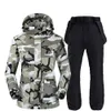 Zweischichtiger Camouflage-Damen-Schneeanzug, Snowboard-Kleidung, Winter-Outdoor-Sportbekleidung, wasserdichte Skijacken + Schneegürtelhose