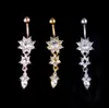 2020 New Indian Dangle Belly Bars Belly Knapp Guld Ringar Belly Piercing Crystal Flower Body Smycken Navel Piercing Ringar GD333