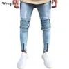 Men's Pleated Skinny Biker Jeans Men Fashion Ripped Pants Zipper Decor Fashion Streetwear Stretch Jeans D30