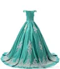 Elegante caçador verde fora do ombro quinceanera vestidos applique varredura de trem lace up costas costume 16 vestido de bola de formatura