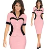 Business Female Office Dress Party Work Pencil Sheath Elegant Ladies Illusion Patchwork Buttons Office Lady Women Dress