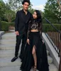 2019 neue zweiteilige Abendkleider, sexy Vorder-Split-Abschlussballkleider mit langen Ärmeln, Spitze, Tüll, formelle Promi-Kleidung, schwarzer Mädchen-Paar-Tag