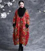 レトロな中国の国立スタイル秋冬の服の女性ロングローブエンテニックヘビーコットンパッド入りラージコートコットン暖かいジャケット