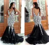 Vit Lace Black Tulle Dresses Evening Wear Lång 2020 Sexig Deep V Open Back V-Neck Prom Dress Mermaid Party Formella klänningar Vestidos de Festia
