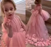 Pink Little Girls Flower Girl Dresses 3D Flowers Hi-Lo Big Bow Girls Pageant Dresses primera comunion Long vestido de daminha Dress for Kids