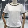 New 2019 Summer 2 Piece Set Women Fashion Short Sleeve White T-Shirts + Tweed Plaid Button Tassel A-Line Skirt Ladies Suit Set