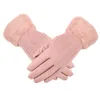 Fashion-New Winter Kvinna Lace Varma Cashmere Tre Ribs Gullig Bear Mittens Dubbel Tjocka Plysch Handled Kvinnor Touch Screen Driving Gloves