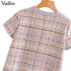 Vadim Kvinnor Elegant Tweed Plaid Mini Dress Tassels Kortärmad O Neck Female Casual Fashion Chic Dresses Vestidos Qa326 J190619