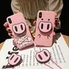 Coque de téléphone cochon rond pour iPhone X XS Max XR couverture de dessin animé 3D mignon pour IPhone8 6s 7plus avec support de nez de cochon lanière