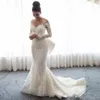 New Luxury Mermaid Wedding Dresses Sheer Neck Long Sleeves Illusion Full Lace Applique Bow Overskirts Button Back Chapel Train Bri8513187