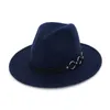 Fashion- الجاز فيدورا قبعات حلقة معدنية جلد تزيين الصوف ورأى قبعة أزياء نمط واسعة بريم بنما فيدورا تريلبي أسود للنساء الرجال