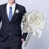 Ivory Cream Satin Flower Groom Boutonniere Bow Tie Pearl Beads Bride Wedding Dress Corsage Pin Brooch for Man Suit