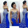 Sexy New African Elegent Royal Blue Mermaid Prom sibila da appliques in pizzo in oro in perline abiti da sera lunghi abiti da sera lunghi abiti da sera