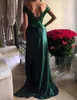 2019 nuovi abiti da sera usura smeraldo verde elastico in raso al largo della spalla appliques del merletto lato spaccato formale abiti da ballo di promenade su ordine