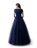 A-line Navy Blue Long Modest Prom Dress 2020 With Cap Sleeves New Jewel Lace Top Tulle Skirt Floor Length Teens Modest Evening Dress