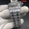 Populära mäns fulla diamanter titta på silver rostfritt stål diamantklocka vit mesh yta automatisk mekanisk genom-sport klocka
