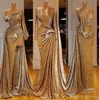 Gold Reflective Amazing Mermaid Prom Vestres com lateral lateral sexy Sexy One ombro Mangas compridas