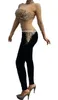 V49 Sexiga kvinnor Se genom Rhinestones Bodysuit Stretch Crystal Mesh Black Jumpsuit Bar Perform Singer Leotard Tights Proom DJ Par235w