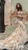 Champagne Julie Vino Wedding Dresses Off Shoulder Deep Plunging Neckline Bridal Gowns Sweep Train Lace Wedding Dress Custom Made