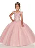 2022 Lussuoso mini abiti Quinceanera ricamati in oro Toddler Sheer Cap maniche corte cinghie Tulle Ball Gown Girls Pageant Dres243d