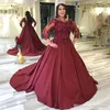 2020 Plus Size Burgundia Linia Suknie Wieczorowe Koronki Aplikacja 3/4 Rękawy Satin Formalna Suknia Wieczorowa Vestido de Fiesta Rates de Soirée