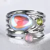 Boho Female Ladies Big Moonstone Ring Argento Rosa Color oro Fedi nuziali Gioielli Promessa Amore Anelli di fidanzamento per le donne