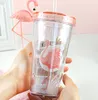 De laatste 12.5oz Drinkware Flamingo Flat Deksel Creatieve Dubbele Stro Plastic Koffie Melkbeker, Ondersteuning Aangepast Logo