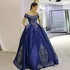 Vestido de baile azul real do ombro vestido de baile de baile com bordados apliques de renda de contas de cetim dubai vestidos de festa de noite personalizados s