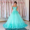 2019 New lindo turquesa Quinceanera vestido de baile Vestidos Alças Lace appliqus doce 16 Trem da varredura Plus Size Partido Prom Vestidos