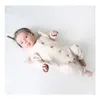Pasgeboren Effen Romper Zuigeling Jumpsuits + Bowknot Hoofdband 2 stks / set Katoen Lange Mouw Single Button Ruche Jumpsuit Kids Outfits M683