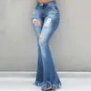 Jeans da donna con foro a vita alta svasato con tasche 2021 Streetwear nappa pantaloni da donna sexy pantaloni a zampa d'elefante pantaloni skinny in denim