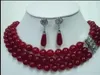 Set di orecchini e orecchini con collana di giada verde/rossa a 3 file fantasia