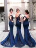 샴페인 긴 인어 신부 들러리 드레스 숄더 레이스 Applique 파란색 국가 웨딩 게스트 드레스 플러스 사이즈 하녀 명예 가운