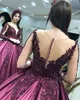 2020 Plus Size Arabo Aso Ebi Borgogna Pizzo Abiti da sposa in rilievo Sheer Neck Maniche lunghe Abiti da sposa Abiti da sposa sexy ZJ402