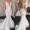 Elegante 2022 sirena boda vestidos de novia con cuello en V de encaje 3D apliques sin respaldo tren de la corte por encargo más tamaño sexy sirena vestido de novia