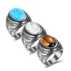 Vintage Titanium Steel Ring Oval Blue White Turquoise Tygrys Eye Stone Fashion Pierścienie przesadzone Spersonalizowane Biżuteria Mężczyzna Pierścień Luksus