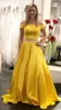 2019 Billiga Gul Prom Klänningar 2 Styck av Axel Cutaway Side Pärlor Sashes Formell Elegant Evening Party Special Occasion Dress