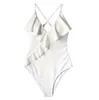 Hot Sale Gul Solid One-Piece Baddräkt Falbala V Neck Ruffle Sexiga Monokini 2019 Damer Beach Badräkt Swimwear