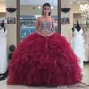 Strapless Sweetheart Organza Beaded Bodice Burgundy Ball Gown Evening Dress Fuchsia Quinceanera Gown Robe de Soiree