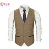 Smart Casual Men Kamizelka Kamizelka Brown Tweed Kamizelka Slim Fit Brytyjski Styl Bawełna Sing Bierded Plaid Suknia Ślubna Kamizelka