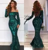 2019 Vintage Dark Green Mermaid Prom Dresses Sequins Long Sleeves Off the Shoulder Plus Size Custom Formal Occasion Wear Evening Party Gown