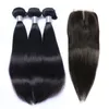 8A Camboja Virgem Cabelo Direto Pacotes com Fechamento de Laço 100% Camboja Remy Human Human Weave Fechamentos Natural Cor 1B Pode Bleach Tye