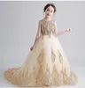 Long Trailing Girl's Pageant Birthday Party Dress Gold Tulle Sequin Flowers Girl Princess Dress Fluffy Kids First Communion D251V